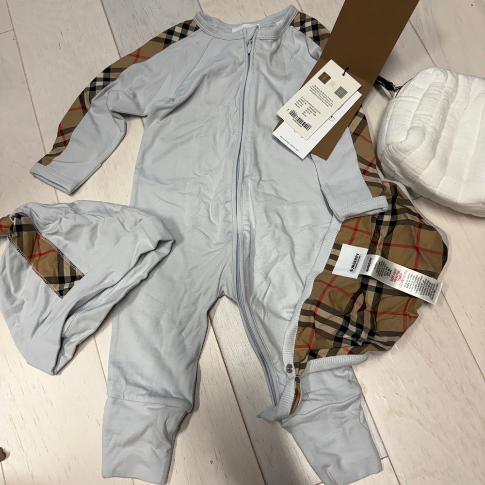 Burberry Kids One Piece with Plaid Accents - Light Gray